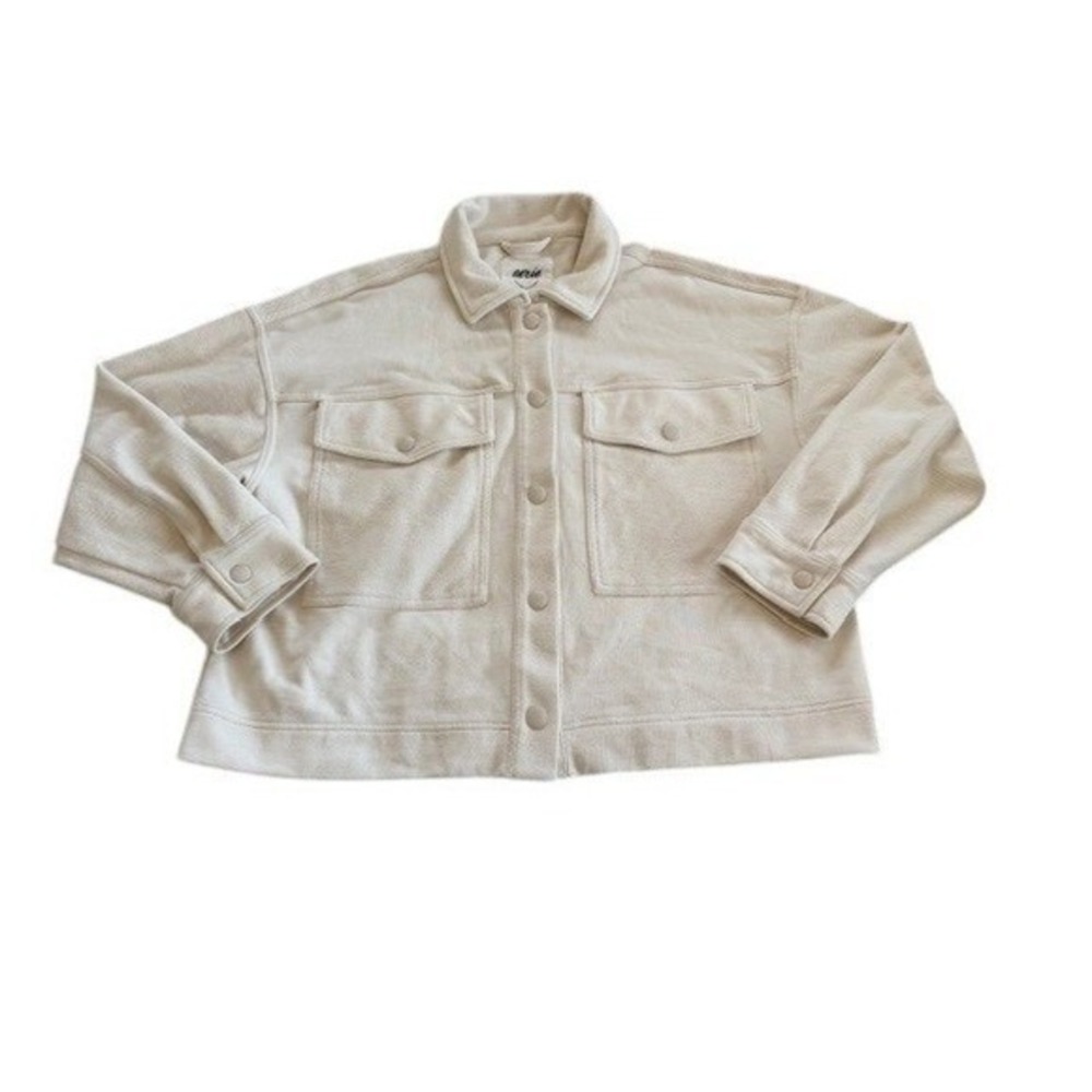 Aerie Womens L Cream 100% Cotton Cropped Shacket Overshirt Jacket Button Front